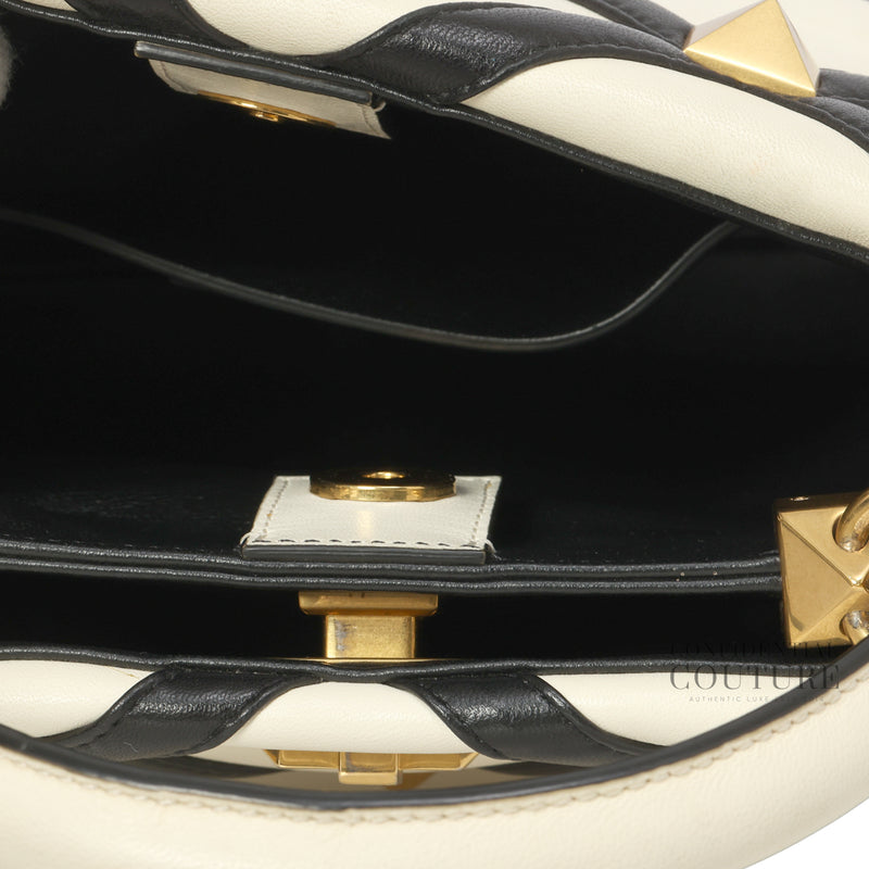 Garavani White/Black Roman Stud Quilted Leather Small Top Handle Bag