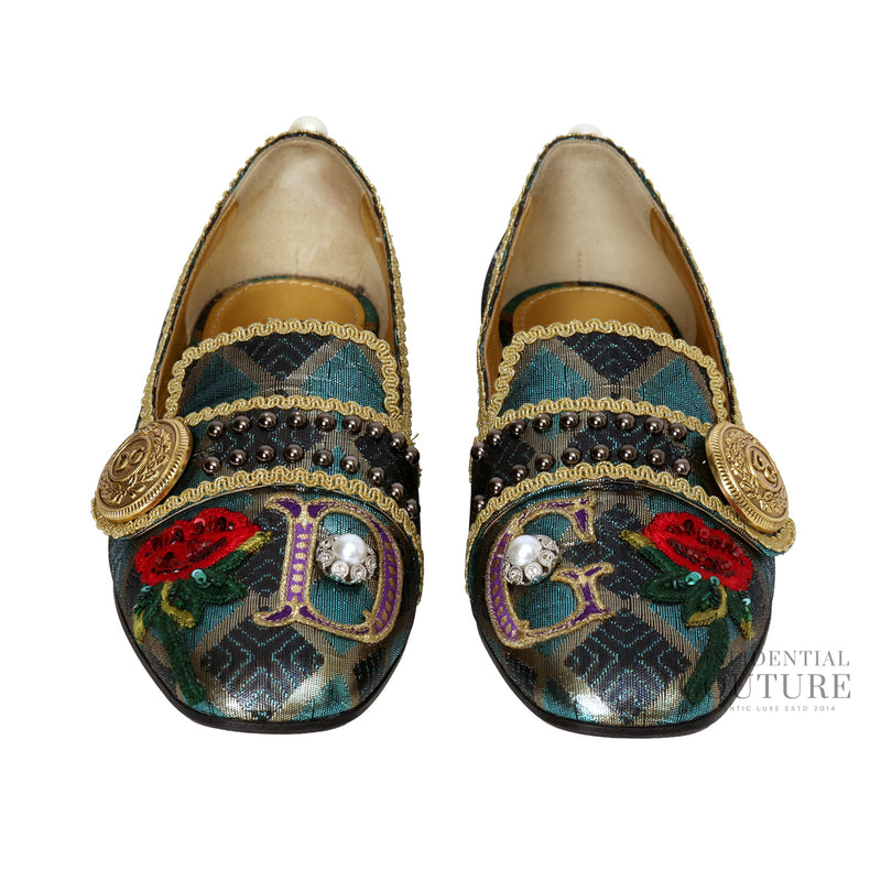 Women dolce & gabbana multicolor jacquard embellished loafers eu 38