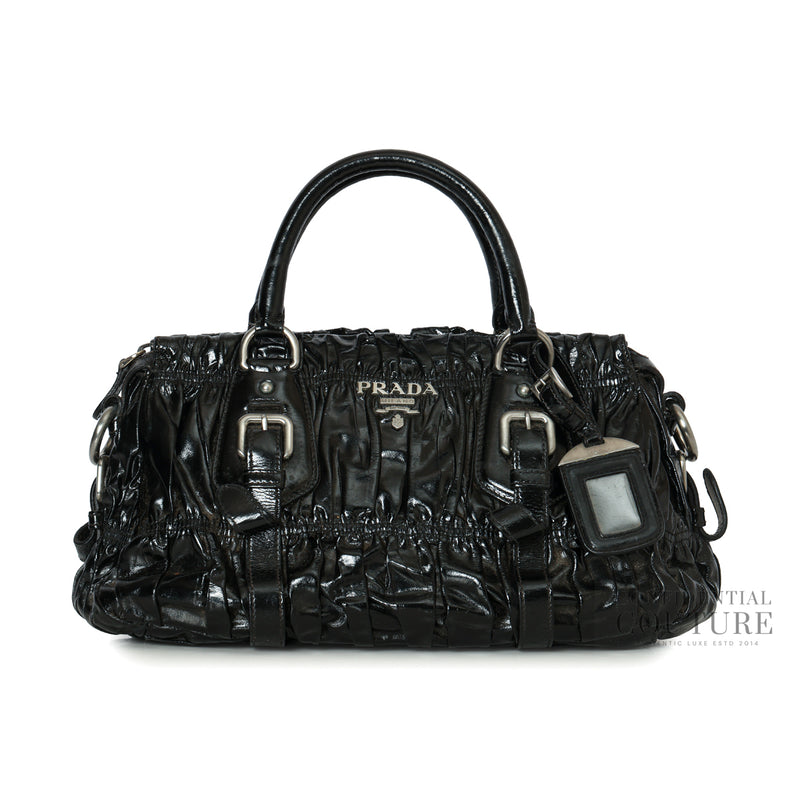 Prada Black Vernice Gauffre Leather Small Crossbody Satchel Bag