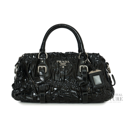 Black Vernice Gauffre Leather Small Crossbody Satchel Bag