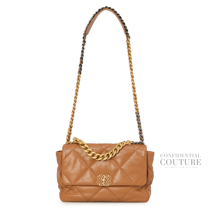 19 Medium Shiny Lambskin, Gold & Silver Tone Handbag