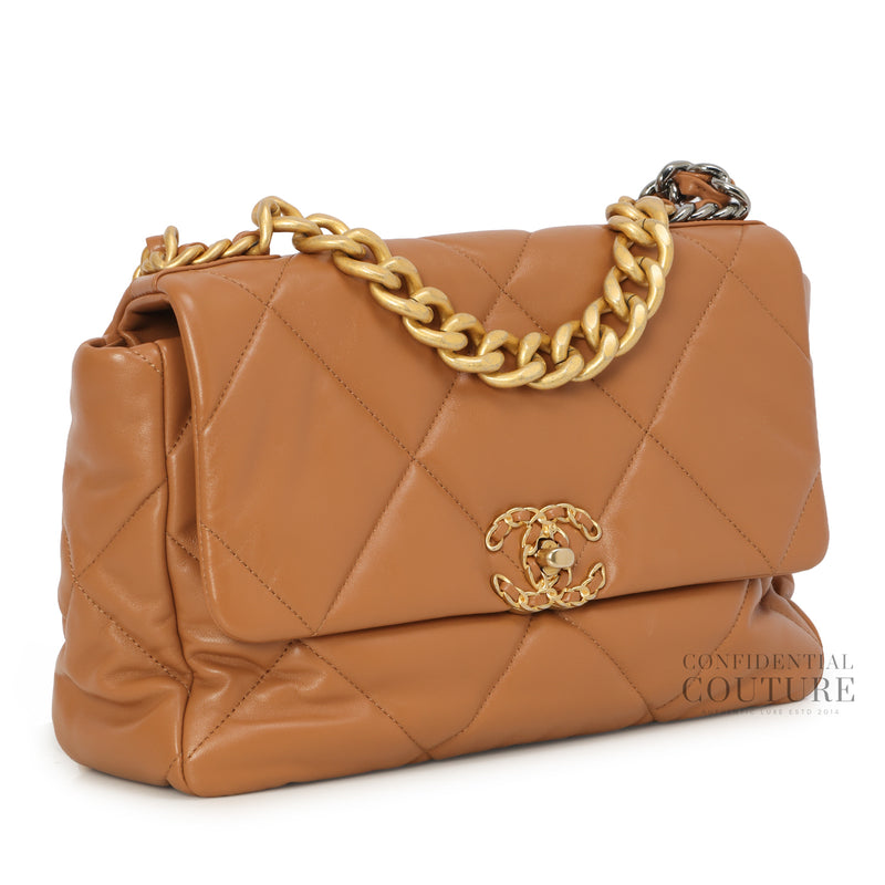 19 Medium Shiny Lambskin, Gold & Silver Tone Handbag
