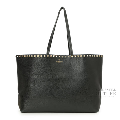 Rockstud Vitello Black Leather Tote Bag