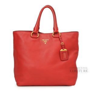 Fuoco Vitello Daino Red Leather Shopping Tote Bag