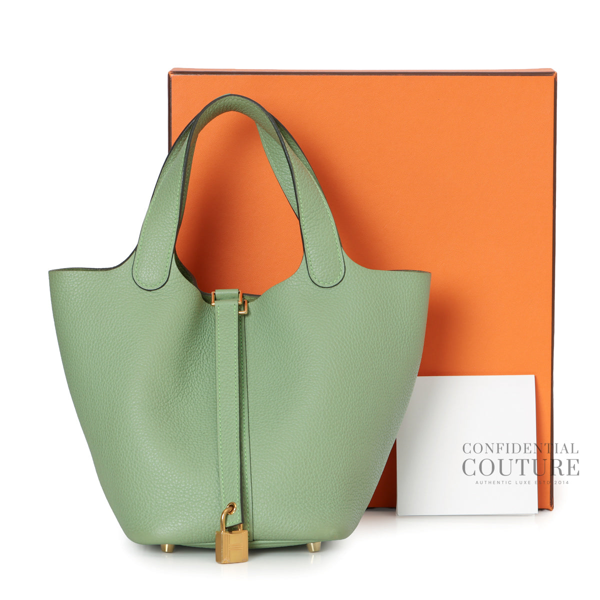 Picotin Lock 18 Maurice Taurillon Vert Criquet Bag With Gold Hardware
