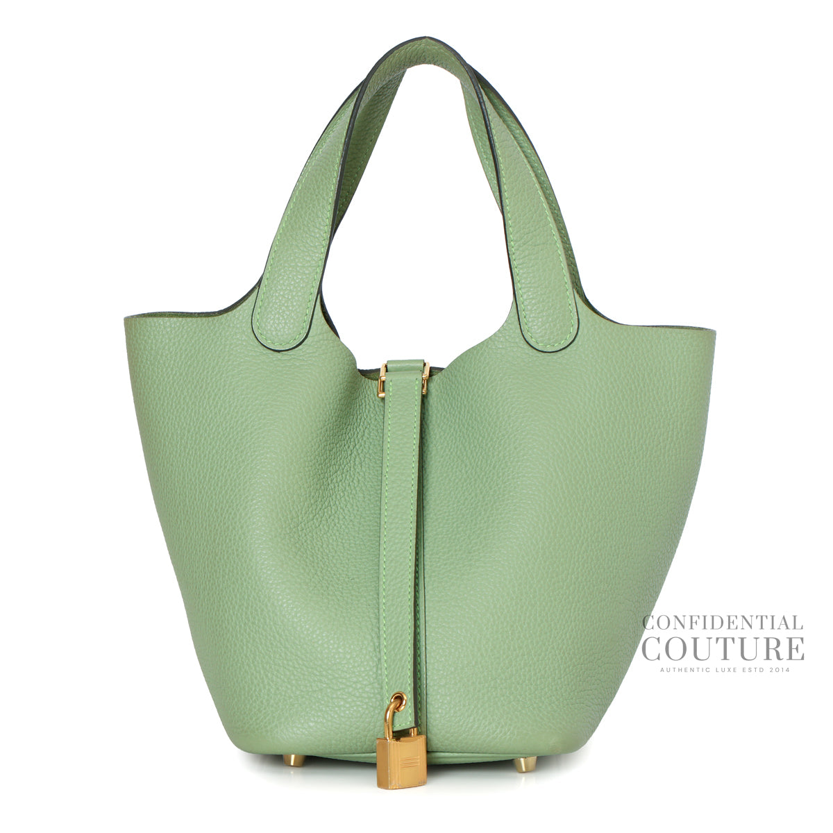 Picotin Lock 18 Maurice Taurillon Vert Criquet Bag With Gold Hardware