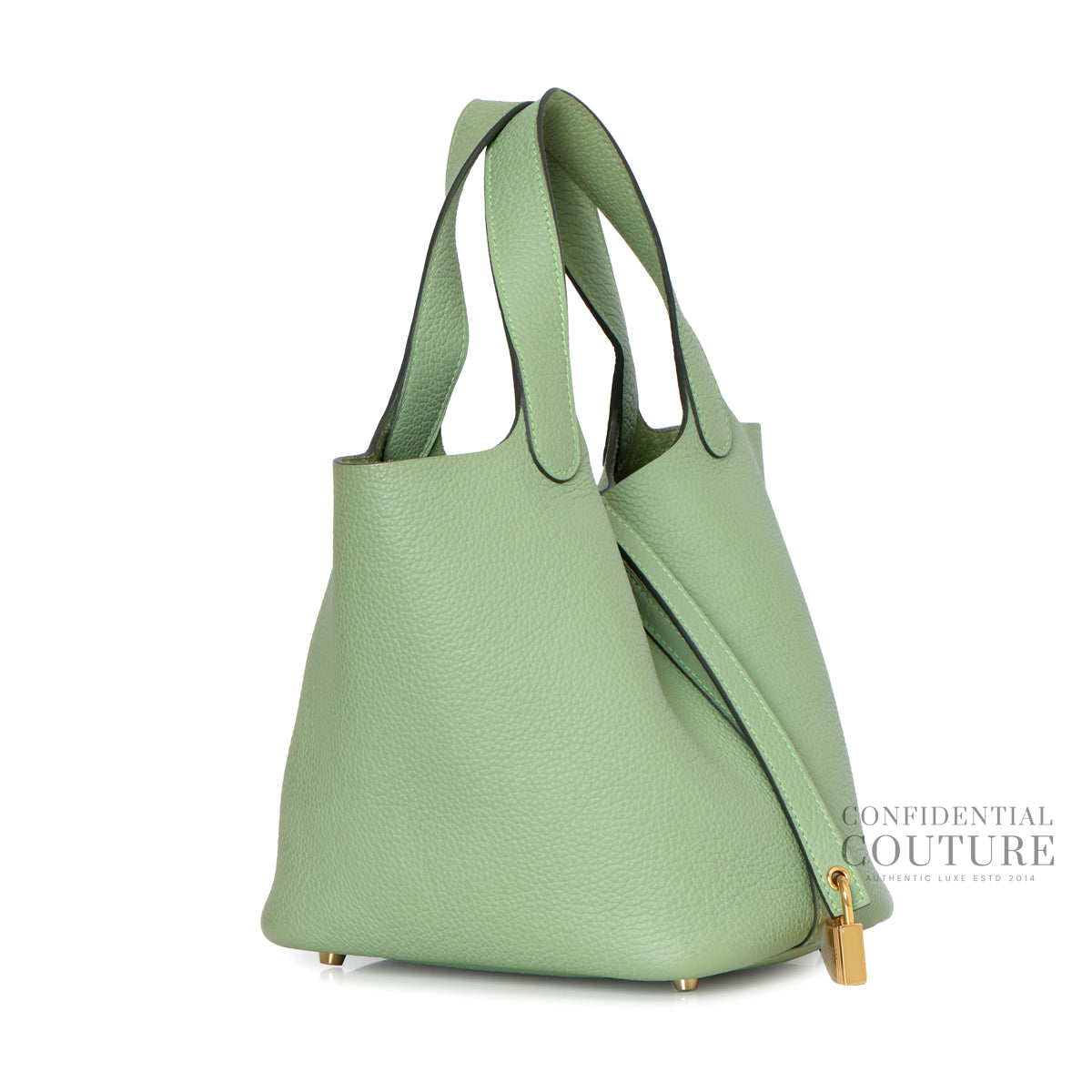 Picotin Lock 18 Maurice Taurillon Vert Criquet Bag With Gold Hardware