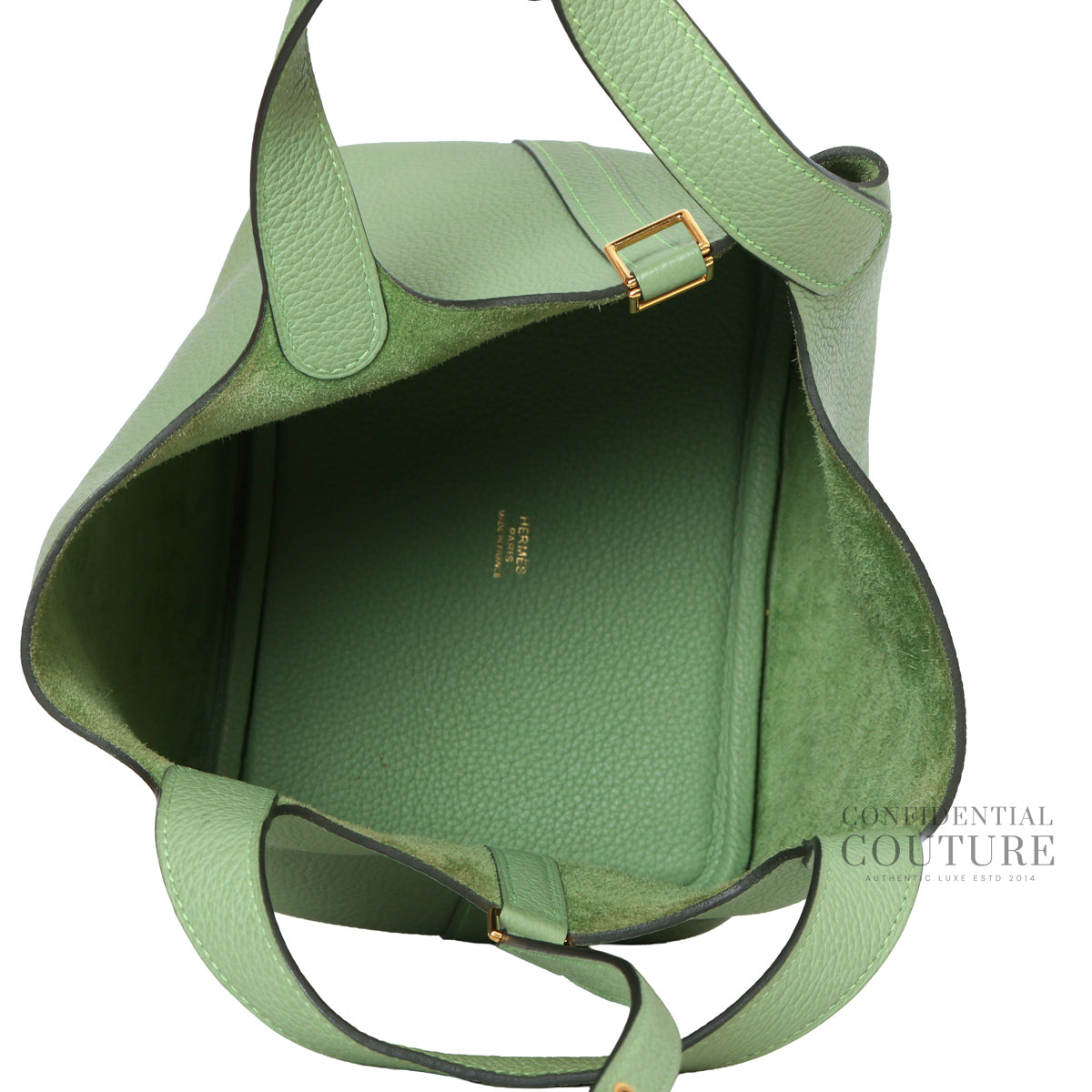 Picotin Lock 18 Maurice Taurillon Vert Criquet Bag With Gold Hardware