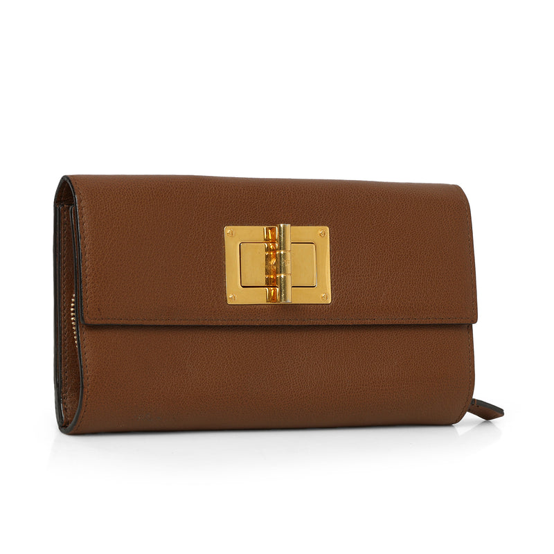Women Tom Ford Brown Leather Turnlock Natalia Continental Wallet