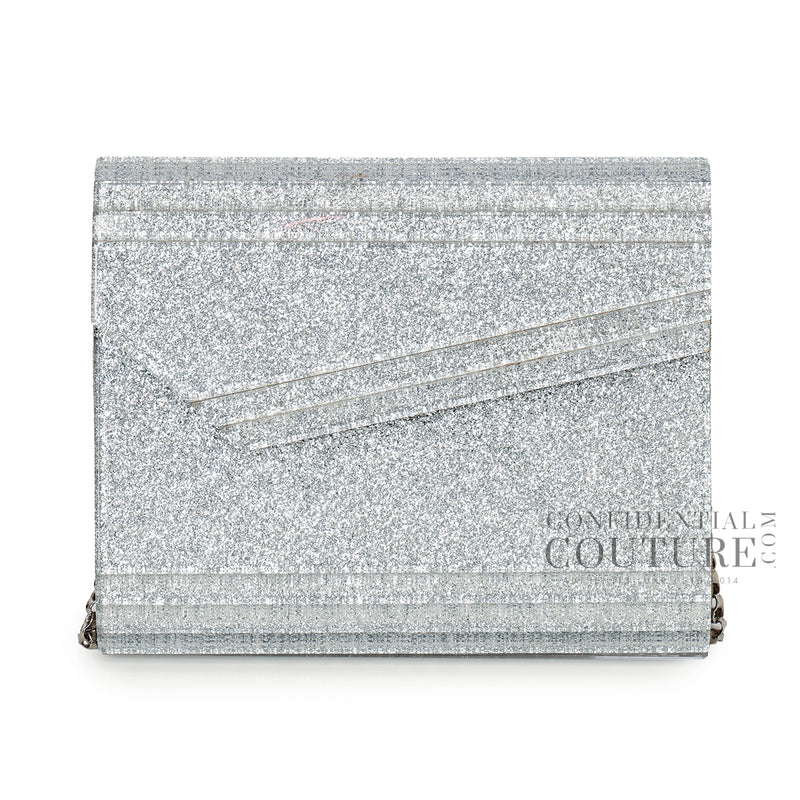 Jimmy Choo Fine Glitter Silver Candy Clutch With Chain Strap