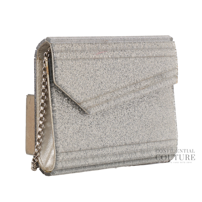Jimmy choo fine glitter silver candy clutch with chain strap price