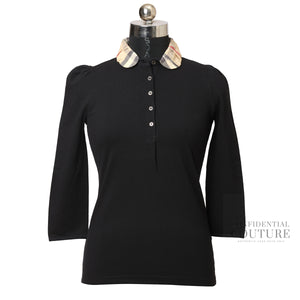 Brit Black Cotton Pique Contrast Collar Detail Long Sleeve T-Shirt | S