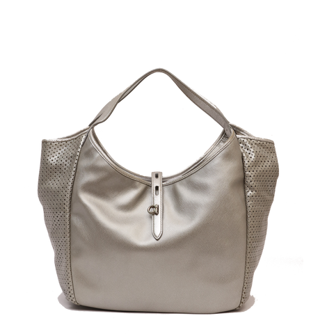 SILVER LEATHER PERFORATED HOBO BAG