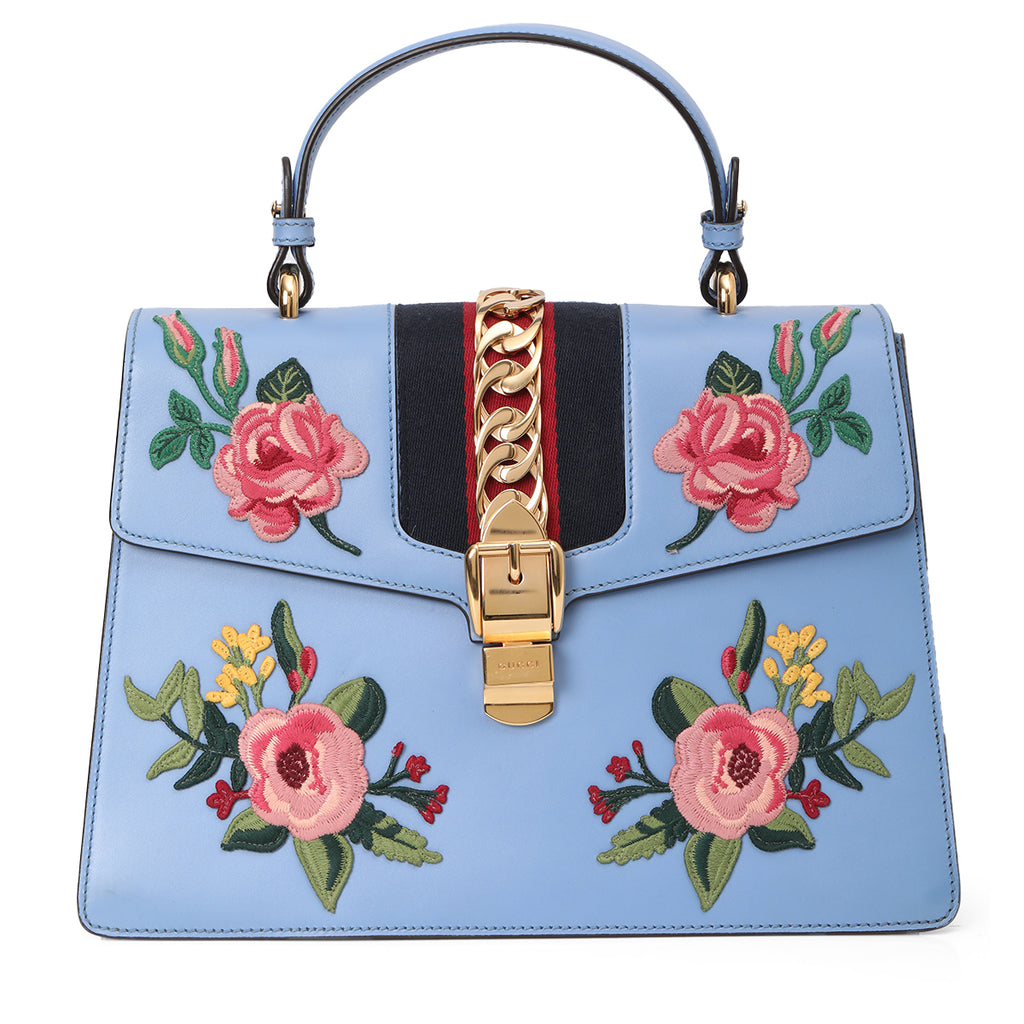 Shop Pre Owned Authentic Gucci Blue Leather Floral Embroidered