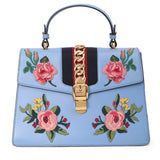 Blue Leather Floral Embroidered Medium Sylvie Top Handle Bag