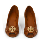 Tan Logo Peep Toe Wedges