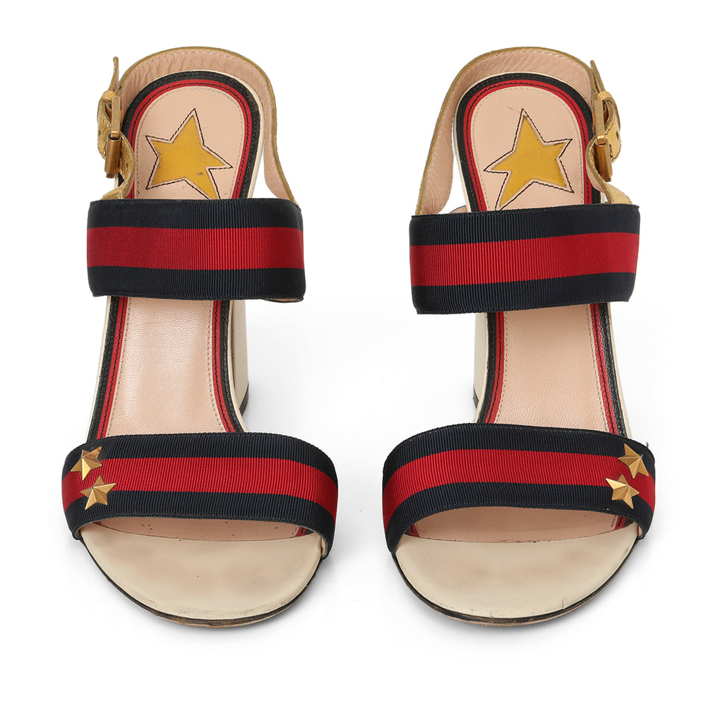 Gucci Multicolour Leather Web Trim Block Heel Sandals