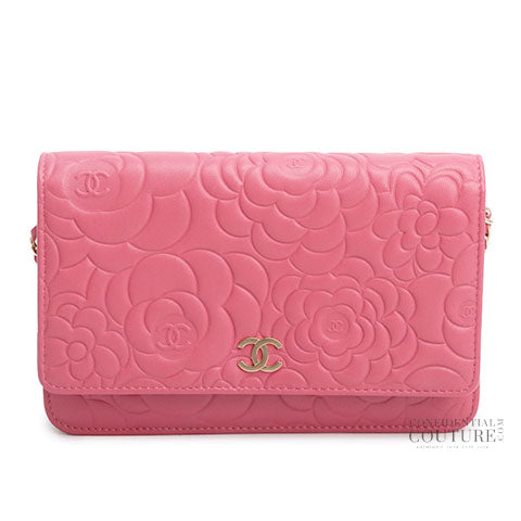 Pink Camellia Embossed Lambskin Leather WOC Clutch Bag