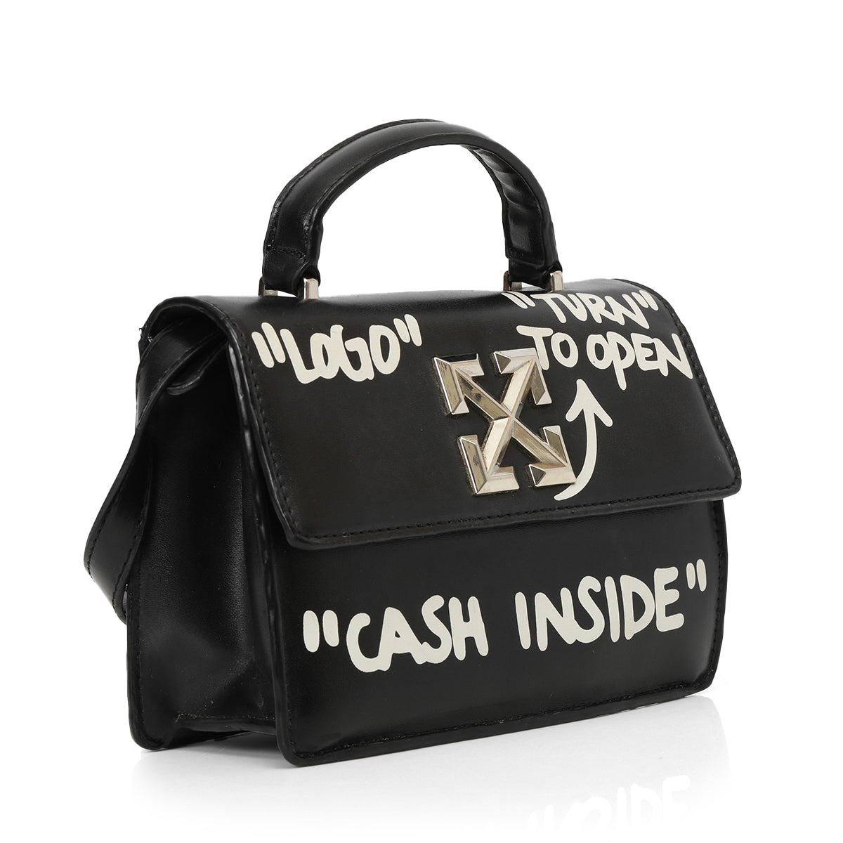 Black Leather Jitney Cash Inside Graffiti Top Handle Bag Small