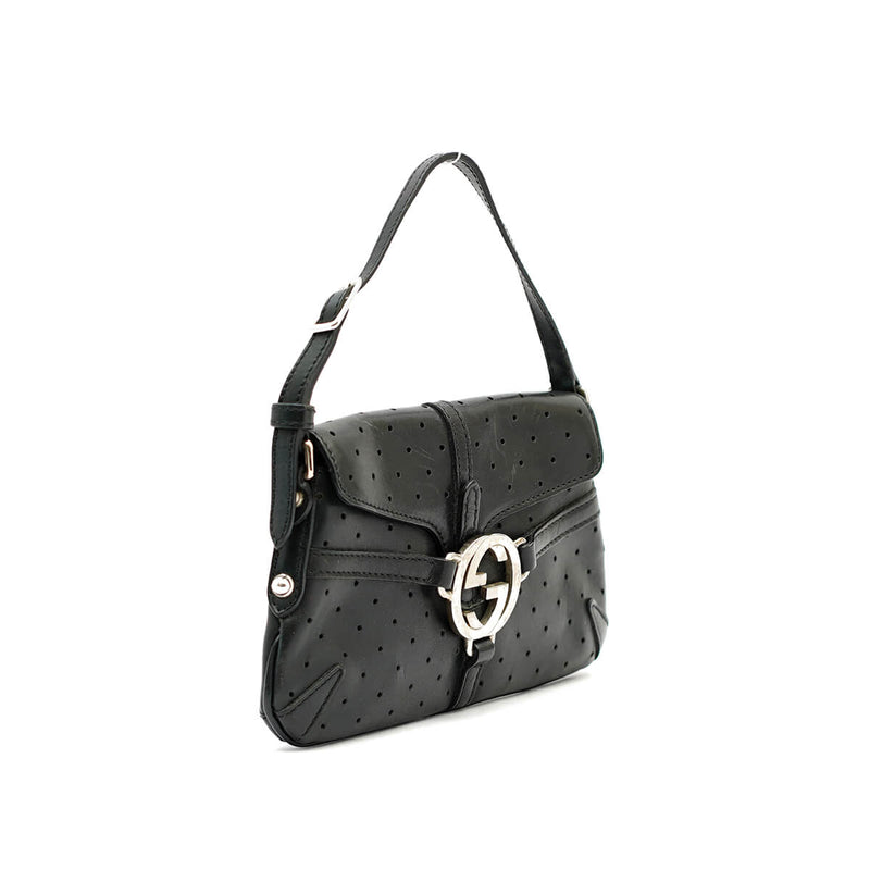 Reins Perforated Black Leather Mini Shoulder Bag