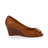 Tan Logo Peep Toe Wedges