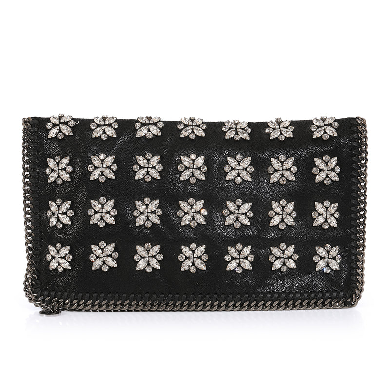 Stella McCartney Black Faux Leather Crystal Embellished Jewelled Foldover Clutch