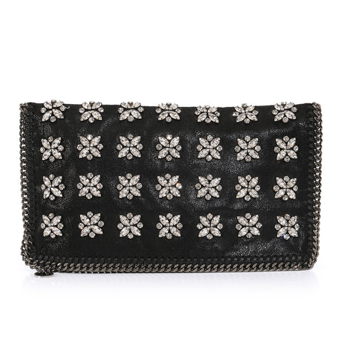 Black Faux Leather Crystal Embellished Jewelled Foldover Clutch