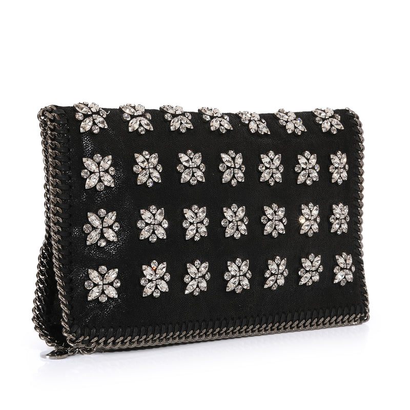 Pre-loved Stella McCartney Black Faux Leather Crystal Embellished Jewelled Foldover Clutch