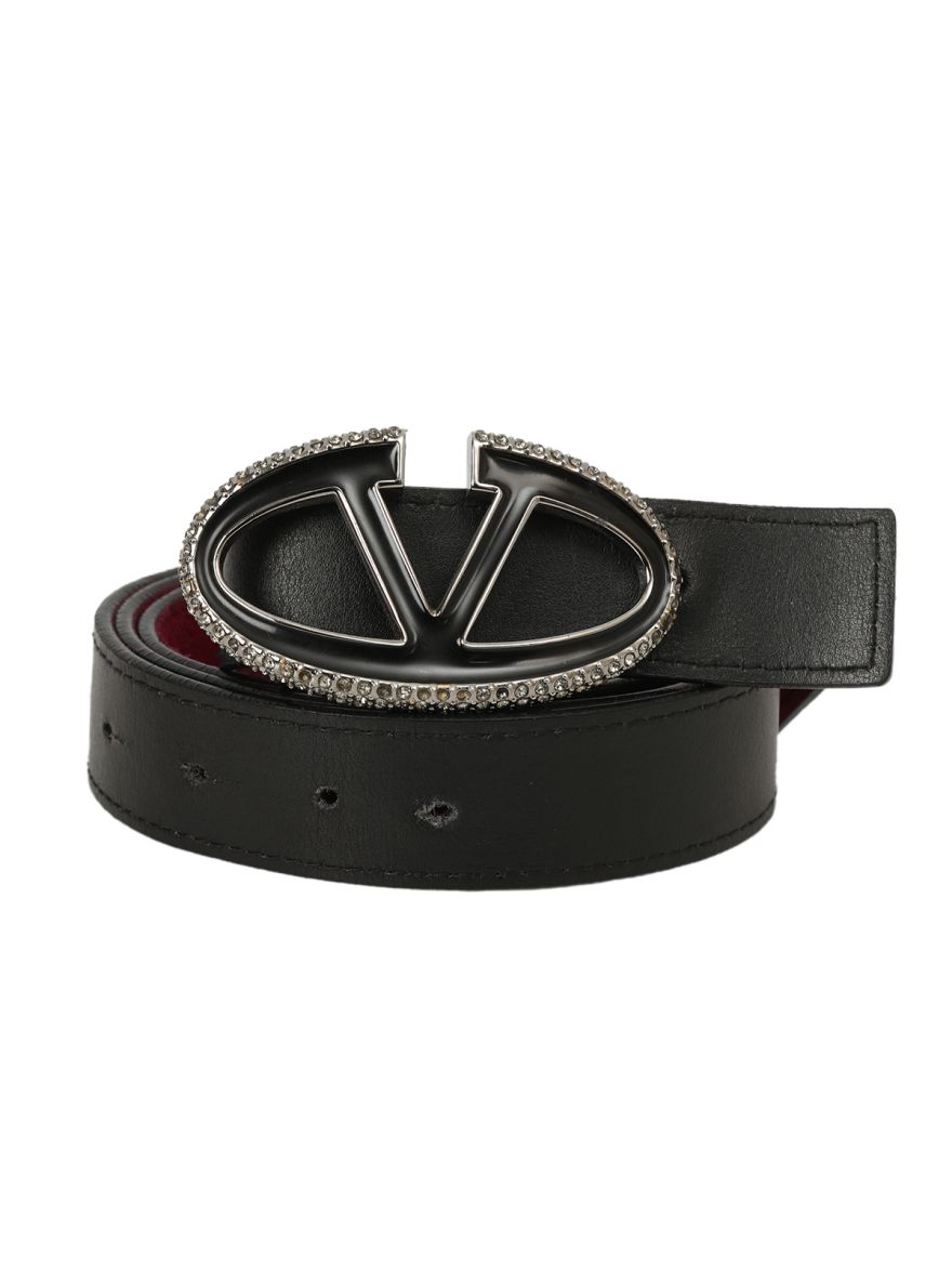 Black Leather And Suede Crystal V Logo Belt Size: 38