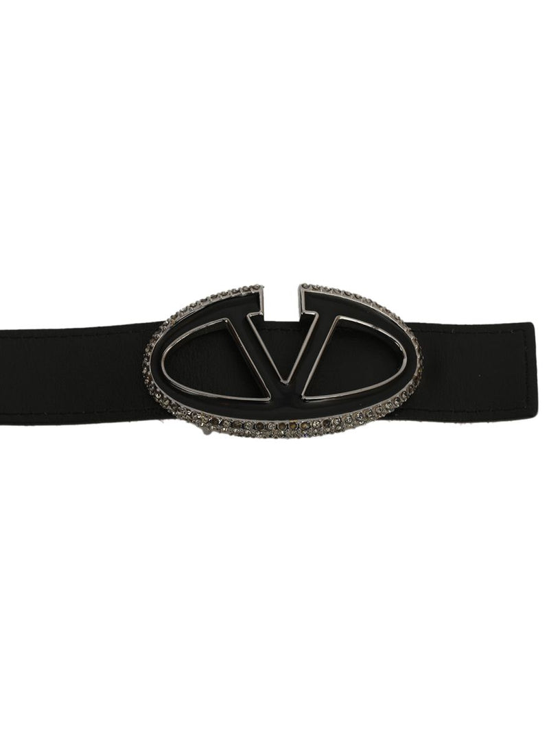 Black Leather And Suede Crystal V Logo Belt Size: 38