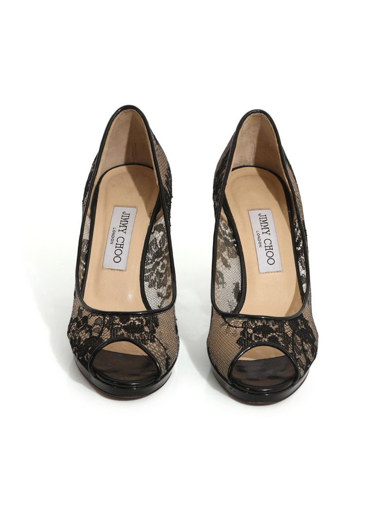 Black Lace and Mesh Dahlia Peep Toe Pumps Size-39