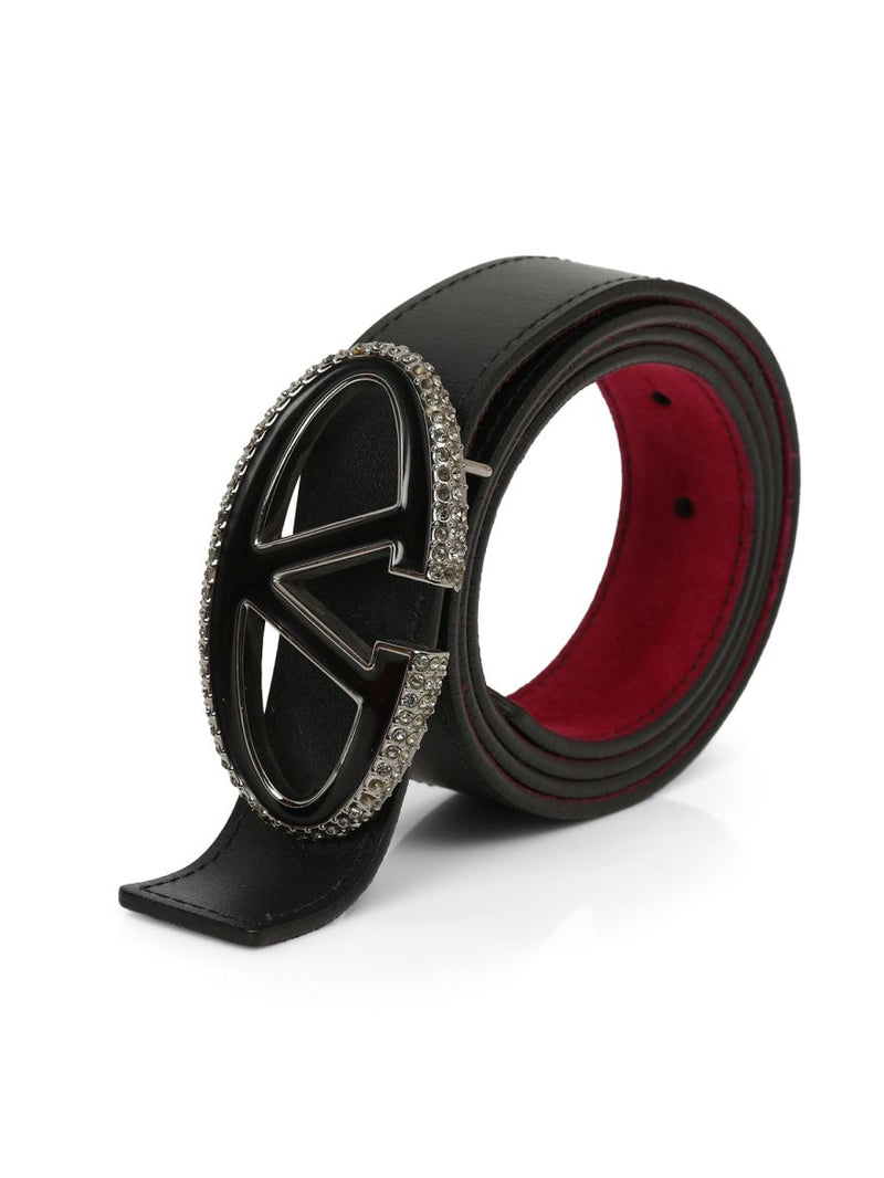 Black Leather And Suede Crystal V Logo Belt Size: 38