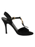 Black Satin Crystal Embellished Buckle T-strap Sandal 37