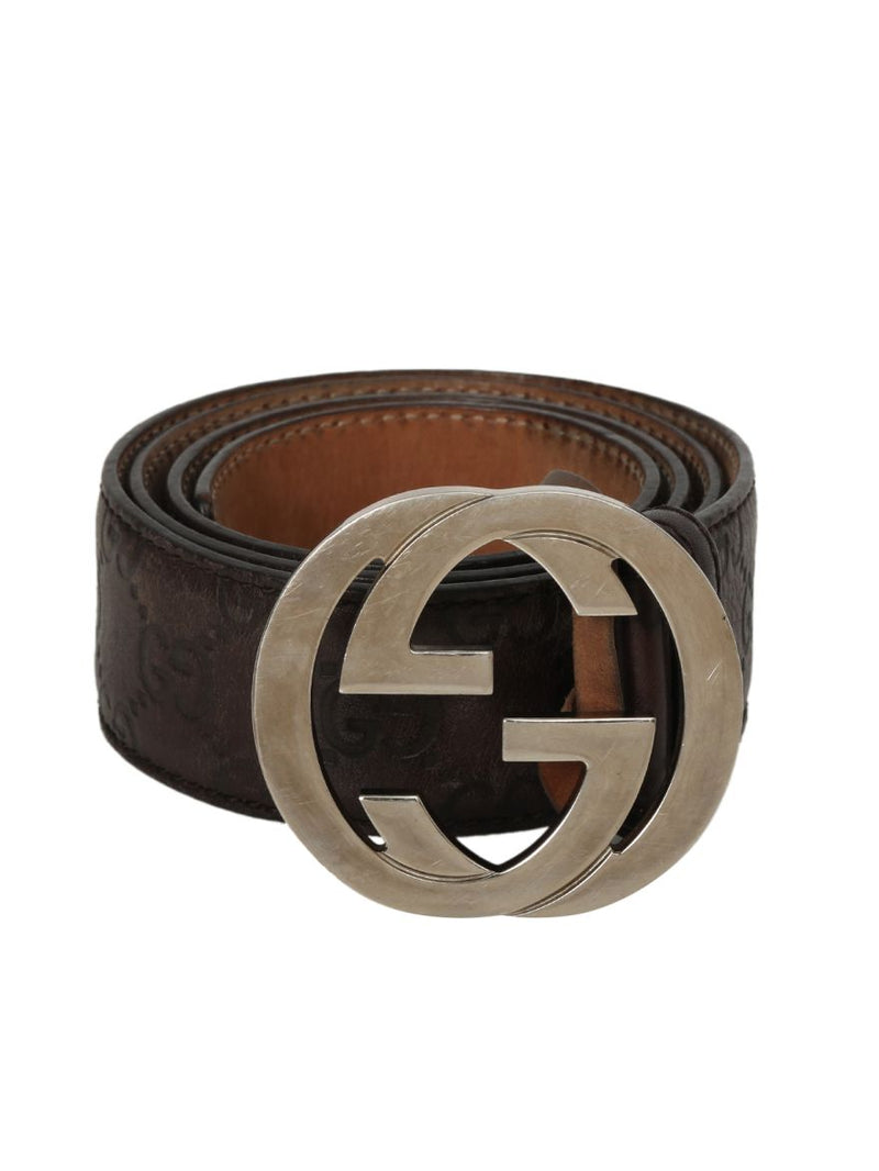 Guccissima Brown Leather Interlocking GG Buckle Belt Size: 34"