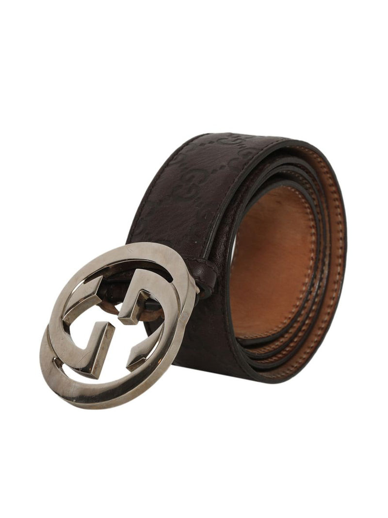 Guccissima Brown Leather Interlocking GG Buckle Belt Size: 34"