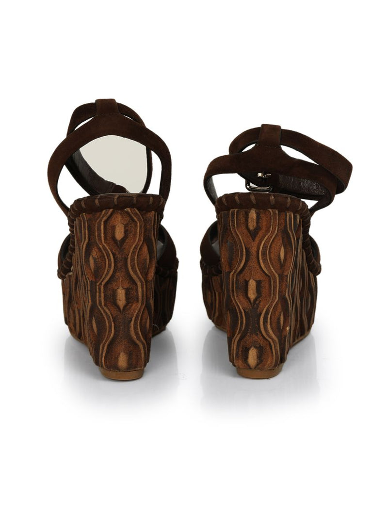 Brown Suede Ankle Strap Wedge Heel Sandals Size: 36