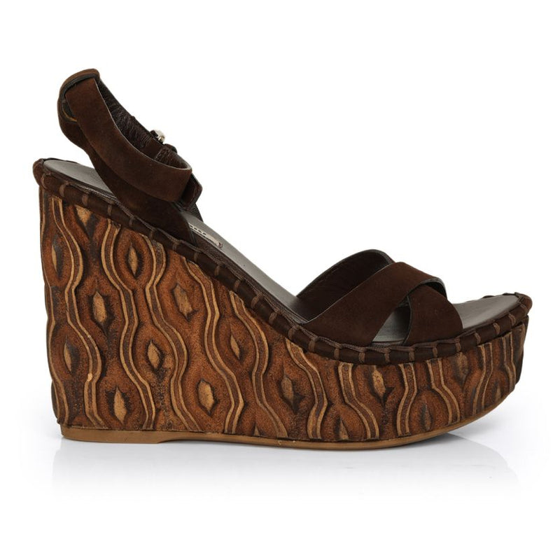 Brown Suede Ankle Strap Wedge Heel Sandals Size: 36