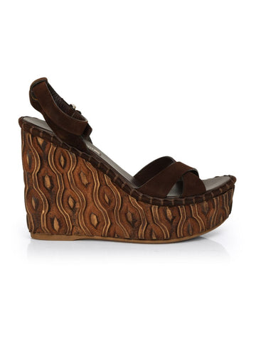 Brown Suede Ankle Strap Wedge Heel Sandals Size: 36
