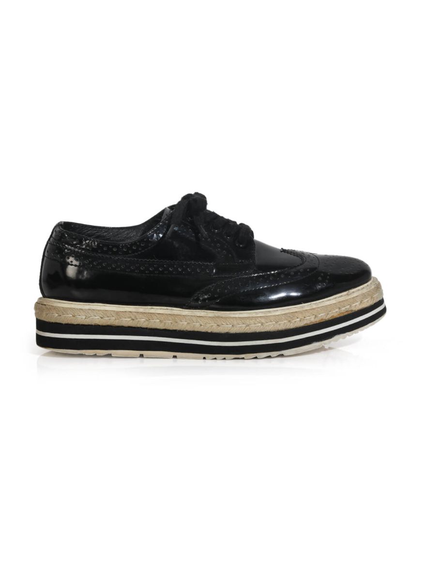 Black Brogue Leather Derby Lace Up Espadrille Sneakers/Size-38EUR