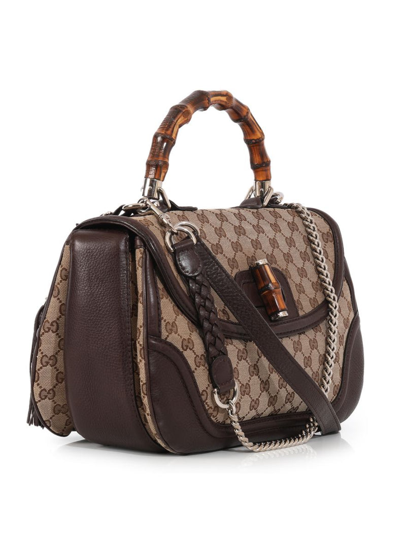 Brown Canvas Leather New Bamboo Tassel Bag Medium