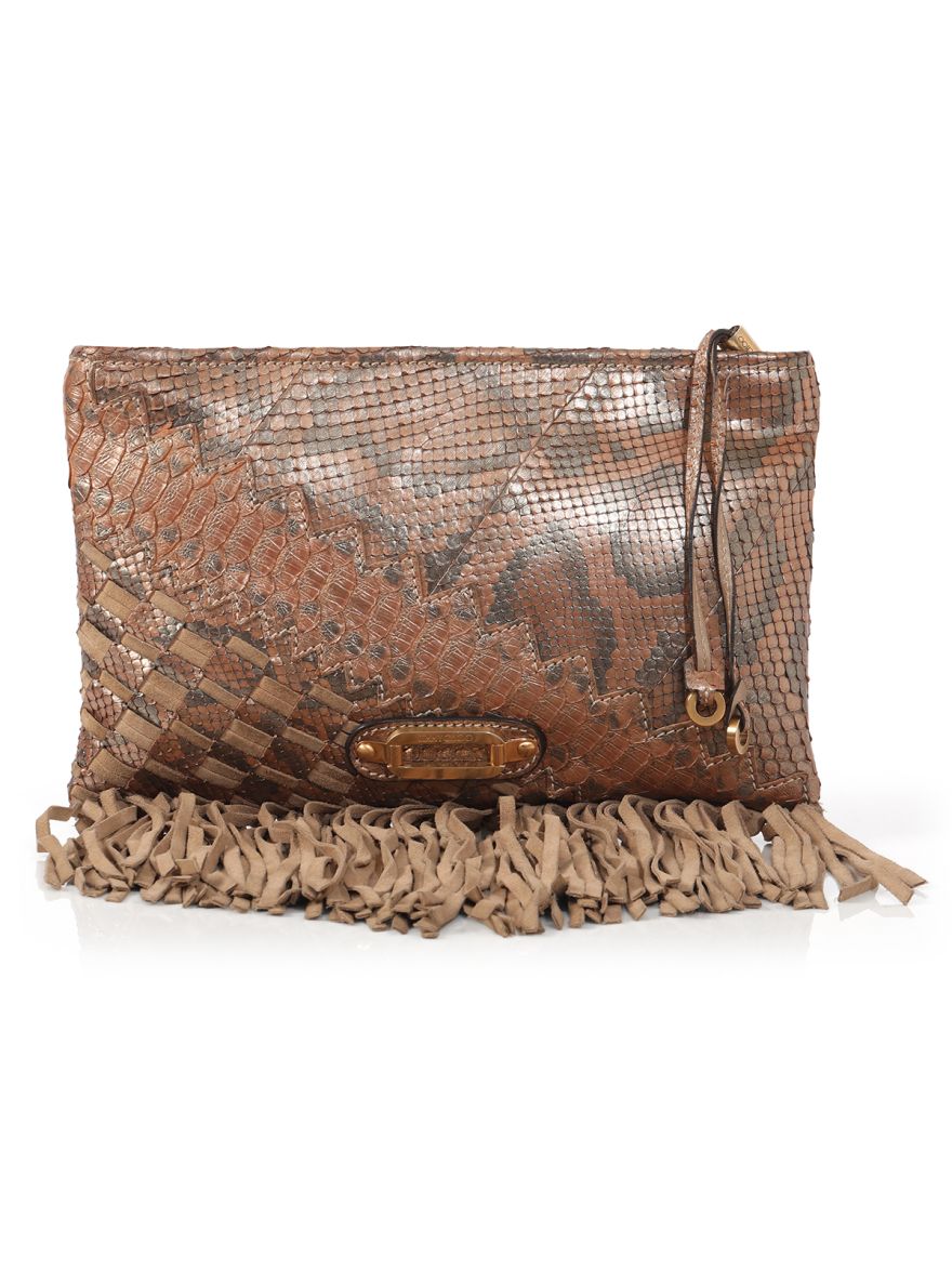 Metallic Snakeskin Fringed Clutch