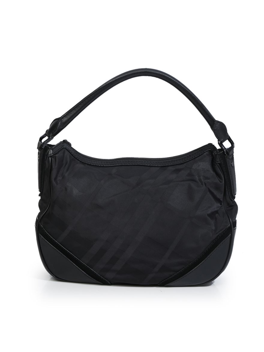 Black Leather Trim Nylon Double Chain Hobo Bag