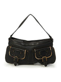 Vintage Black Leather Front Pockets Shoulder Bag