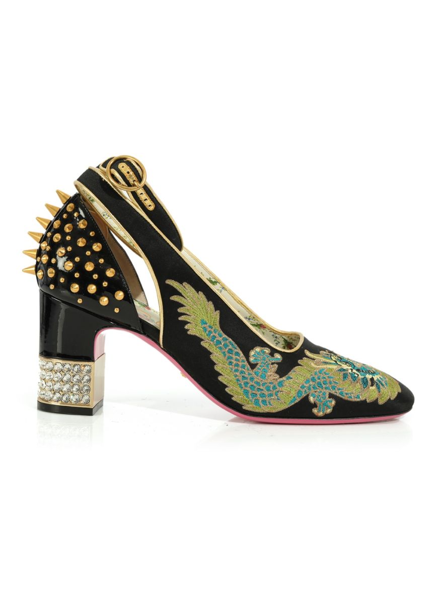 Black Satin And Patent Leather Caspar Dragon Embroidered Spike Detail Pumps Size: 40