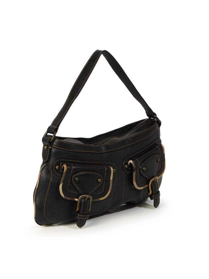 Vintage Black Leather Front Pockets Shoulder Bag