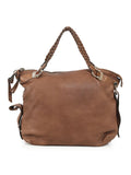 Brown Leather Braided Handle Tassel Tote Bag