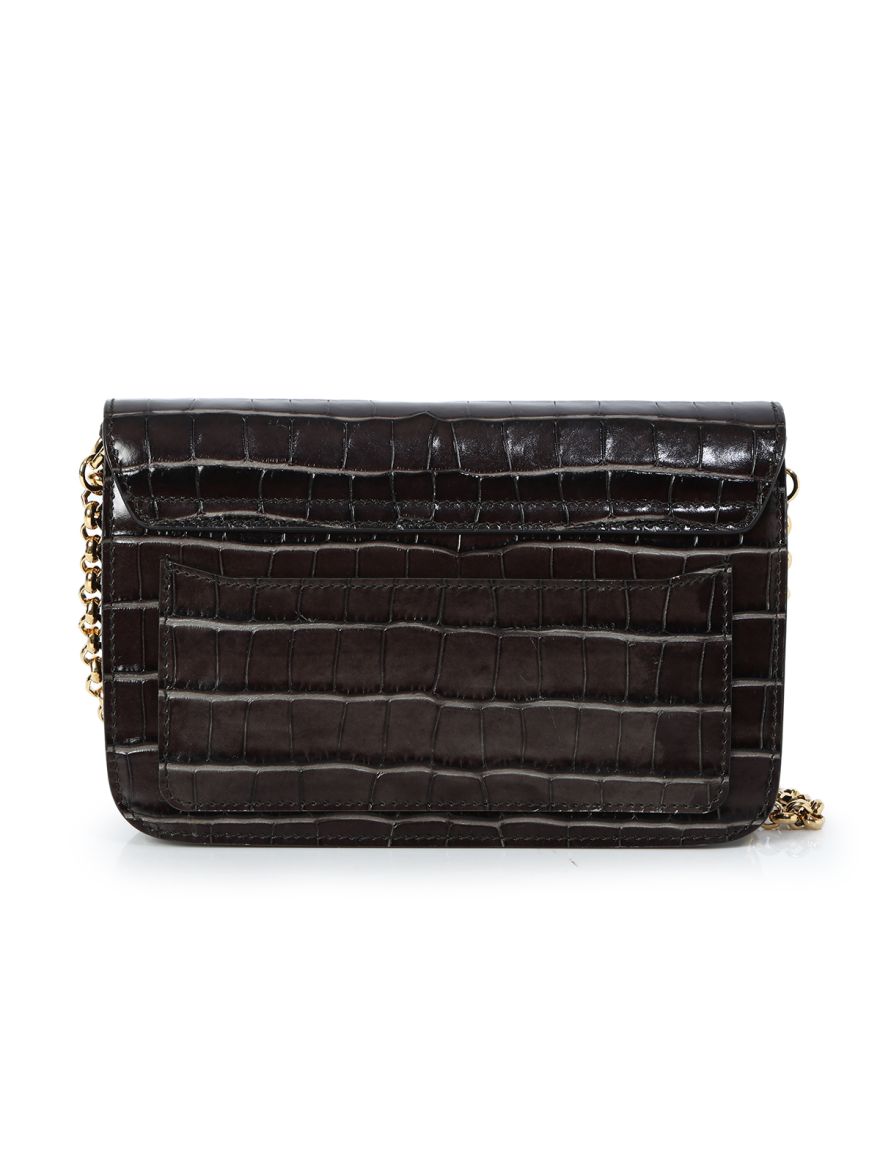 Brown C Croc Embossed Clutch With Chain