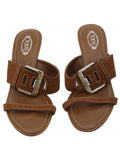 Tan Leather Buckle Detail Slide Sandals Size 39 EUR