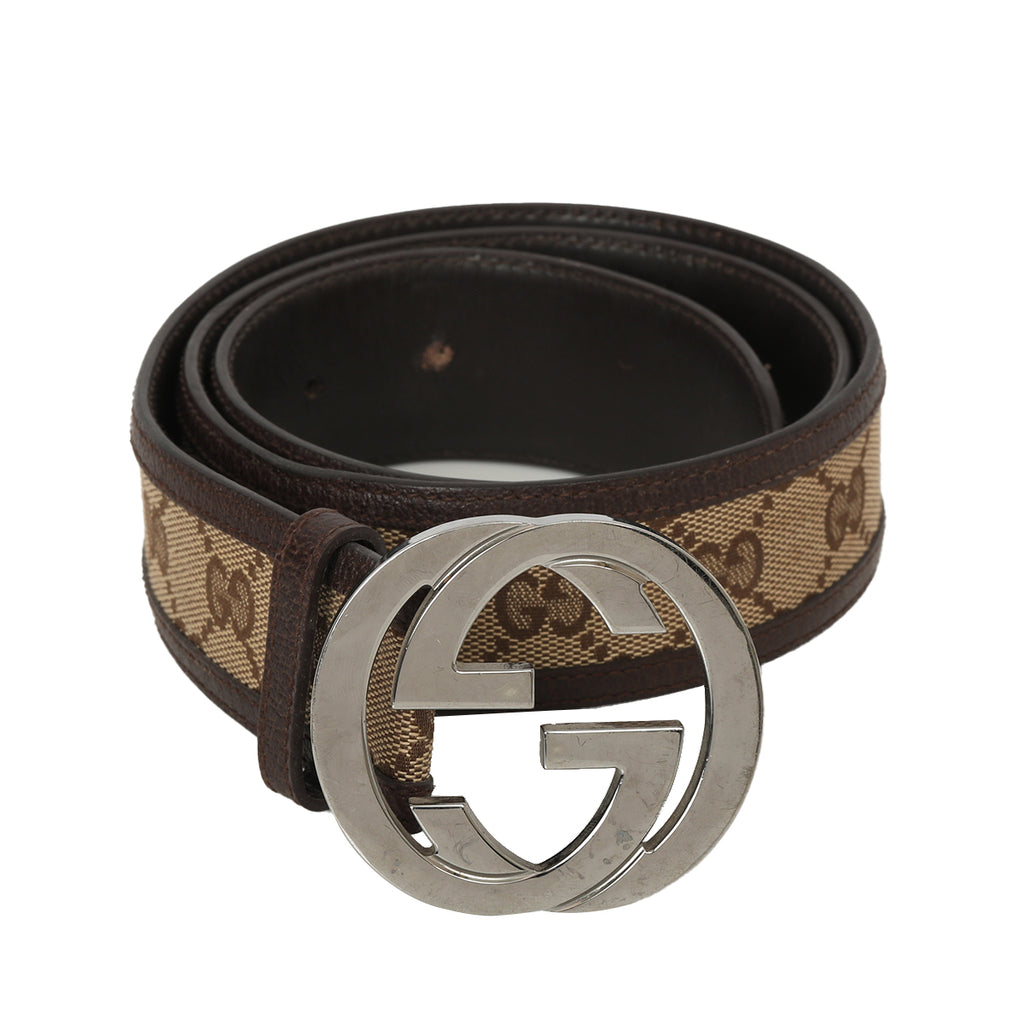 Gucci Belt Gold Buckle Gucci GG Monogram Canvas Buckle Belt 85/34