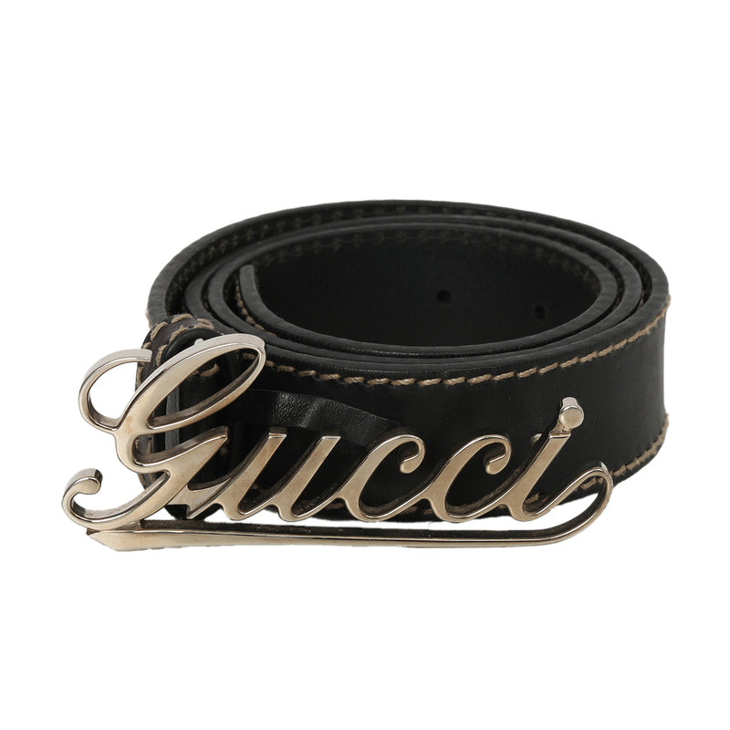 Gucci Unisex Logo Script Dark Brown Leather Belt -85